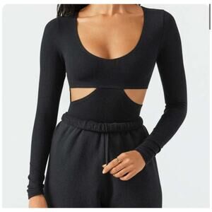 Joah brown Black ribbed cutout long sleeve top XS/S